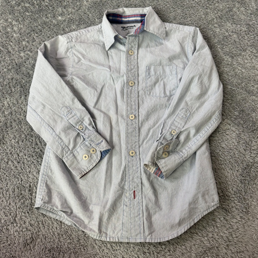 Arizona Boys Long Sleeve Button Down Shirt 6/7 Blue‎ White Stripe Cotton